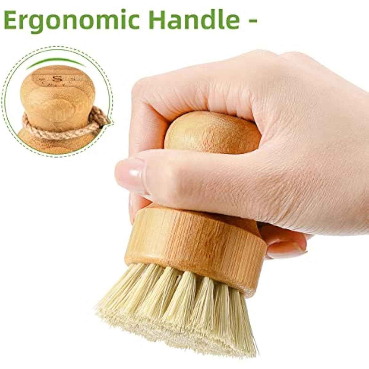 SUBEKYU Bamboo Dish Scrub Brush for Kitchen Sink, Natural Wooden Washing Dish Brush Scrubber with Sisal Bristles for Household Cleaning, Cast Iron Pots, Pans and Vegetables