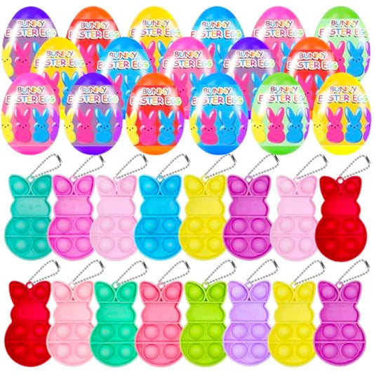 24 PCS Prefilled Easter Eggs with Bunny Pop Bubble Fidget Keychains Toy Inside for Kids Boys Girls Easter Basket Stuffers Party Favors Easter Egg Fillers Hunt