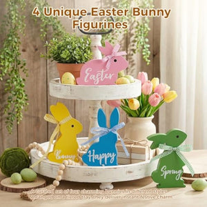 Easter Decor, 4 Pcs Bunny Spring Easter Decorations for Home Office Table, 5~6.4 Inches Wood Rabbit Easter Decorations Sign with Ribbons for Tiered Tray Mantel Shelf, Farmhouse Party Supplies