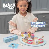 bluey 18-piece wooden tea party set, toddler-friendly tea set with tray, teapot, and utensils