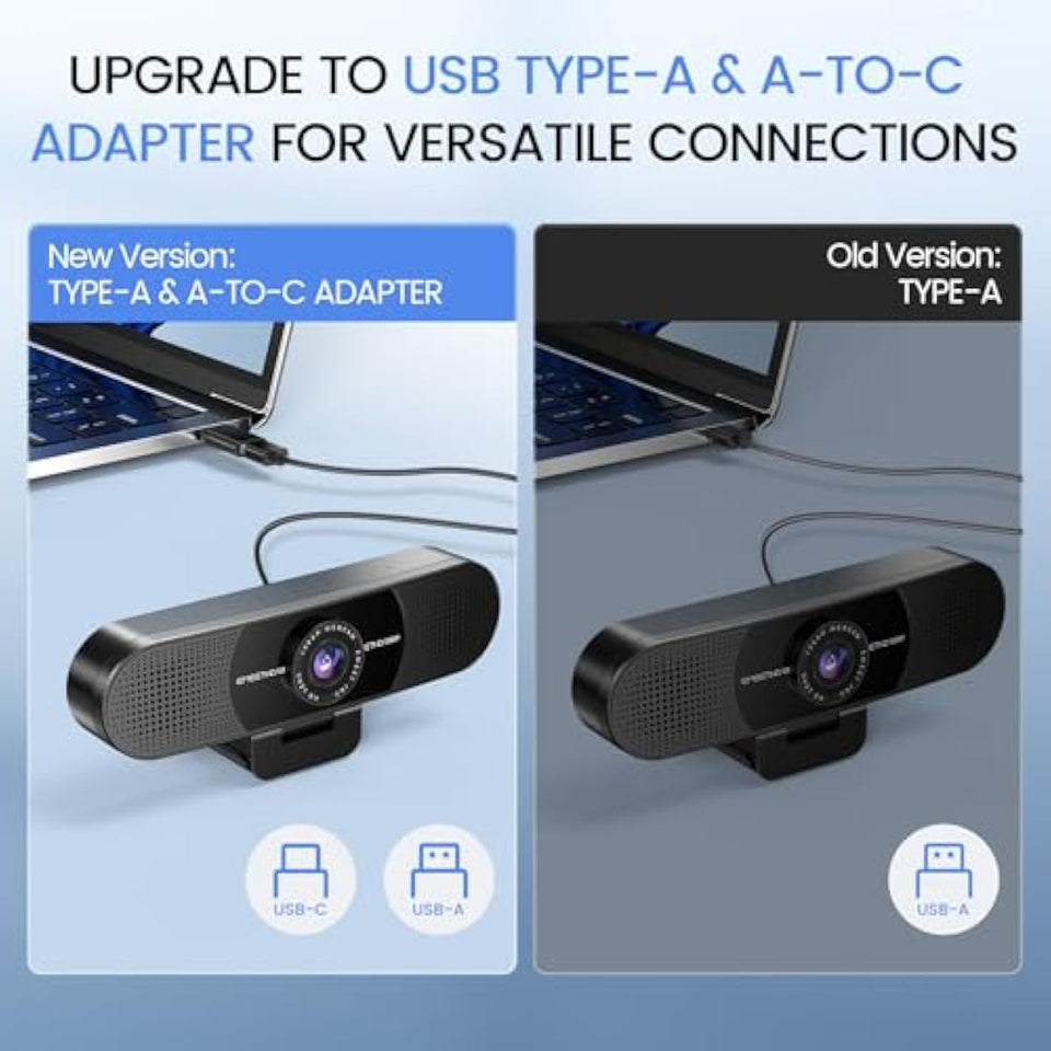 emeet c960 1080p webcam with 2 mics, 90° fov, usb type-a & a-to-c adapter, plug&play computer camera