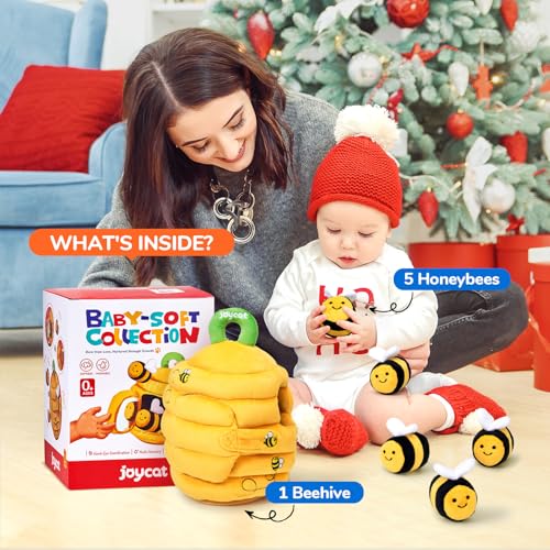 JoyCat soft baby beehive toy with 5 sensory bees for 6-12 months toddlers, rattle, crinkle paper, squeaker, mirror