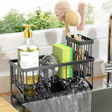 Cisily stainless steel sink caddy with self-drain tray and brush holder for kitchen sink organization