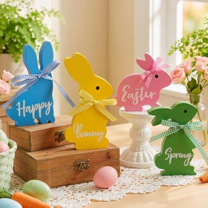 Easter Decor, 4 Pcs Bunny Spring Easter Decorations for Home Office Table, 5~6.4 Inches Wood Rabbit Easter Decorations Sign with Ribbons for Tiered Tray Mantel Shelf, Farmhouse Party Supplies