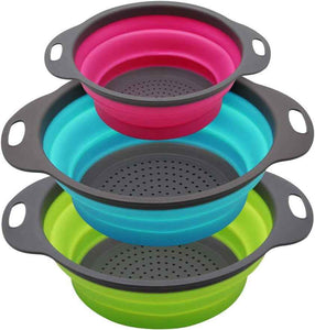 Qimh Collapsible Colander Set of 3 Round Silicone Kitchen Strainer Set - 2 pcs 4 Quart and 1 pcs 2 Quart- Perfect for Draining Pasta, Vegetable and fruit (green,blue, purple)
