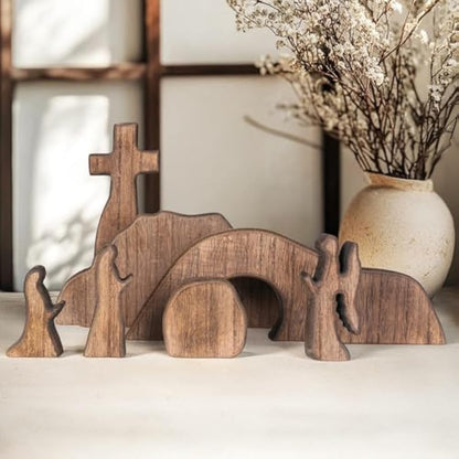 Nerosun wooden Easter resurrection scene and cross decoration set for religious home office tabletop