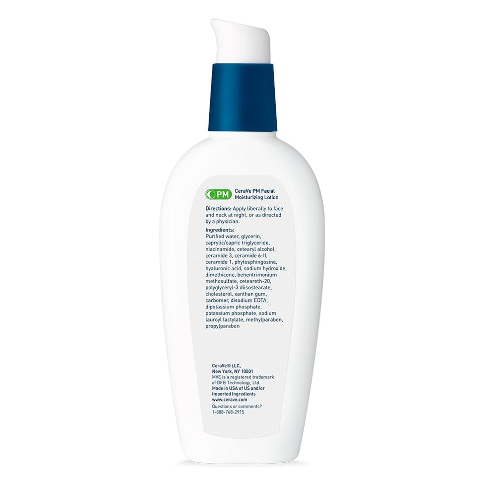 cerave pm facial moisturizing lotion, 3 ounce, night cream with hyaluronic acid and niacinamide, oil-free