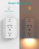 Surge protector outlet extender with night light, 5-outlet splitter, and 4 USB ports for home and dorm room essentials