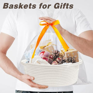 White small woven burr basket with gift bags and ribbons, 12" x 8" x 5", durable storage for gifts, baby toys, and living room essentials