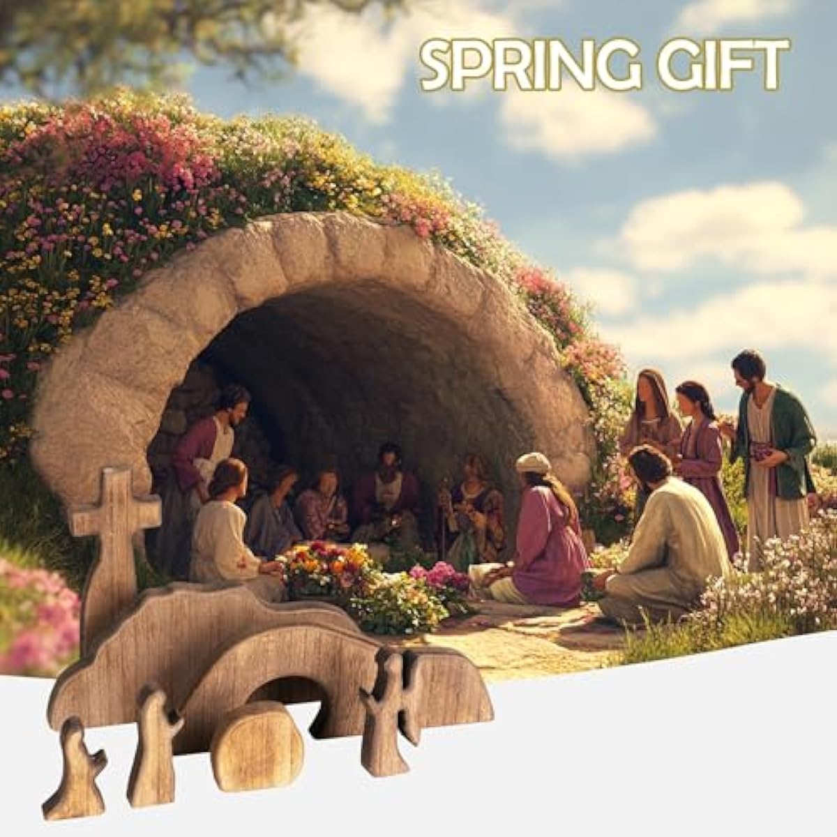 NEROSUN Empty Tomb Easter Scene and Cross Decoration, Wooden Easter Resurrection Scene Cross Jesus Tomb Tray Set, Jesus Nativity Scene Decor for Religious Home Office Tabletop Christian Gifts