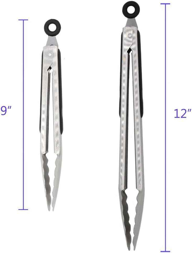 304 Stainless Steel Tongs, 9" and 12" Set, Sturdy Grilling and Barbeque Tongs with Ergonomic Grip, Black