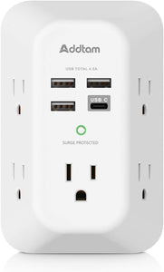 Addtam 5-Outlet USB Wall Charger Surge Protector with 4 USB Ports and 1 USB C Outlet 1800J Power Strip