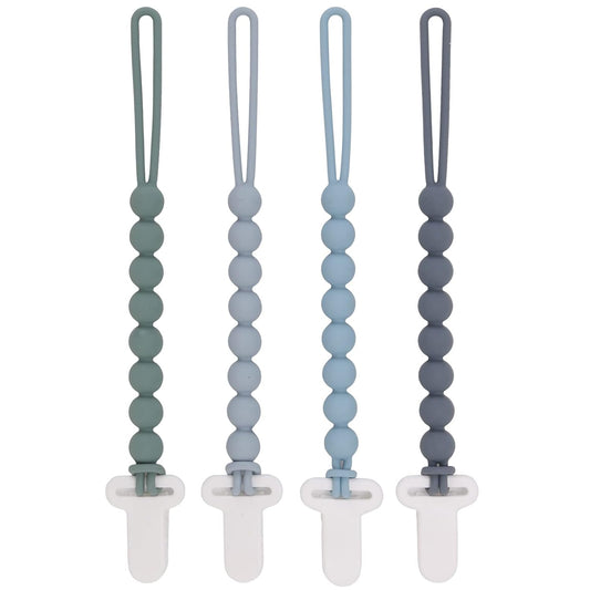 4-Pack Silicone Pacifier Clips with One-Piece Beads for Baby Boys and Girls - Flexible and Rust-Free Holders for Teething Relief and Baby Essentials, Safe for Newborns (Grey)