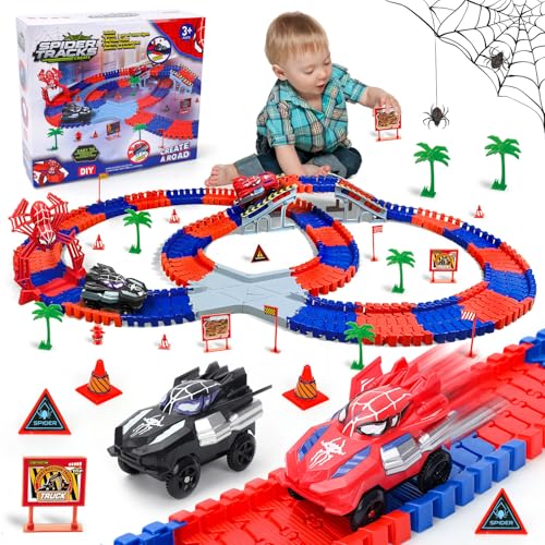 Spider Hero Monster Truck Toys for 3 4 5 6 7 8 9 Year Old Boys Girls: Race Track Set with 2 Spider Cars Electric Vehicle Kids Toys Gift for Boys Girls Age 3-9 Years Birthday Presents（212PCS）