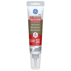 GE Advanced Silicone Caulk for Kitchen & Bathroom, White, 2.8 fl oz Tube, 1 Pack - 100% Waterproof Silicone Sealant, 5X Stronger Adhesion, Shrink & Crack Proof