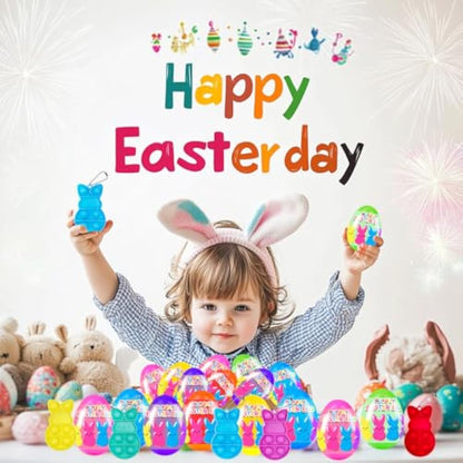 24 PCS Prefilled Easter Eggs with Bunny Pop Bubble Fidget Keychains Toy Inside for Kids Boys Girls Easter Basket Stuffers Party Favors Easter Egg Fillers Hunt