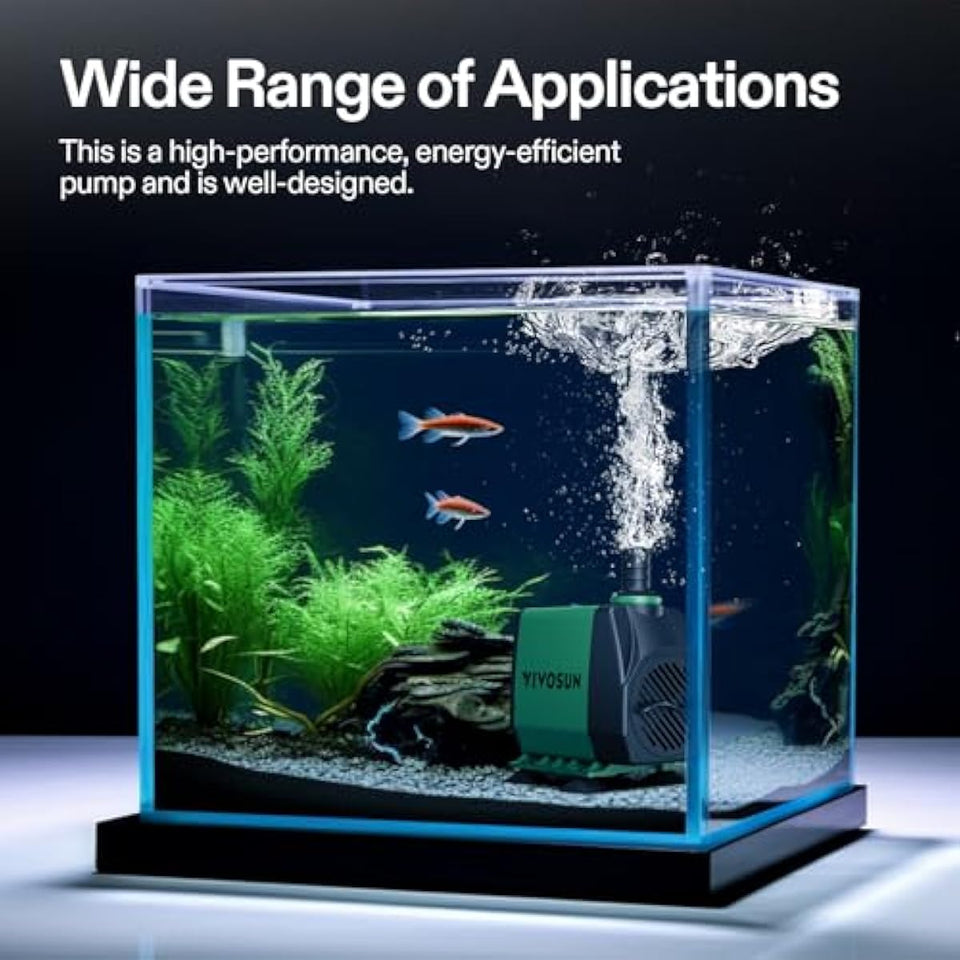 VIVOSUN 800GPH Submersible Pump(3000L/H, 24W), Ultra Quiet Water Fountain Pump with 10ft. High Lift with 6.5ft. Power Cord, 3 Nozzles for Fish Tank, Pond, Aquarium, Statuary, Hydroponics Green