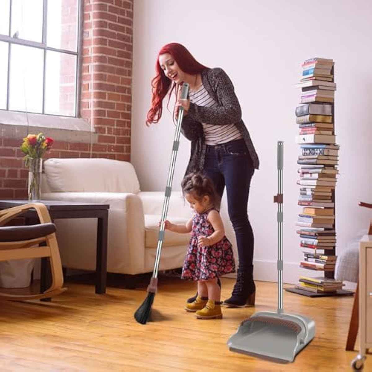 kelamayi Upgrade Broom and Dustpan Set, Self-Cleaning with Dustpan Teeth, Ideal for Dog Cat Pets Home Use, Super Long Handle Upright Stand Up Broom and Dustpan Set (Brown)
