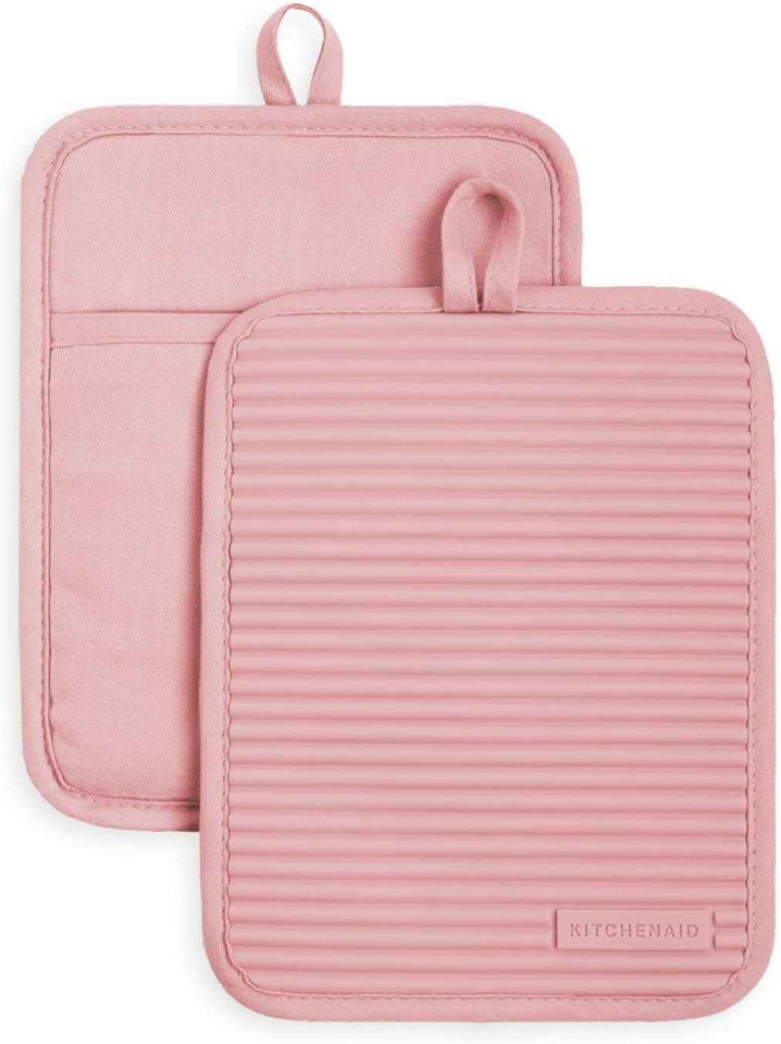 KITCHENAID Ribbed Soft Silicone Pot Holder 2-Pack Set, Matte Black, 7"x9"