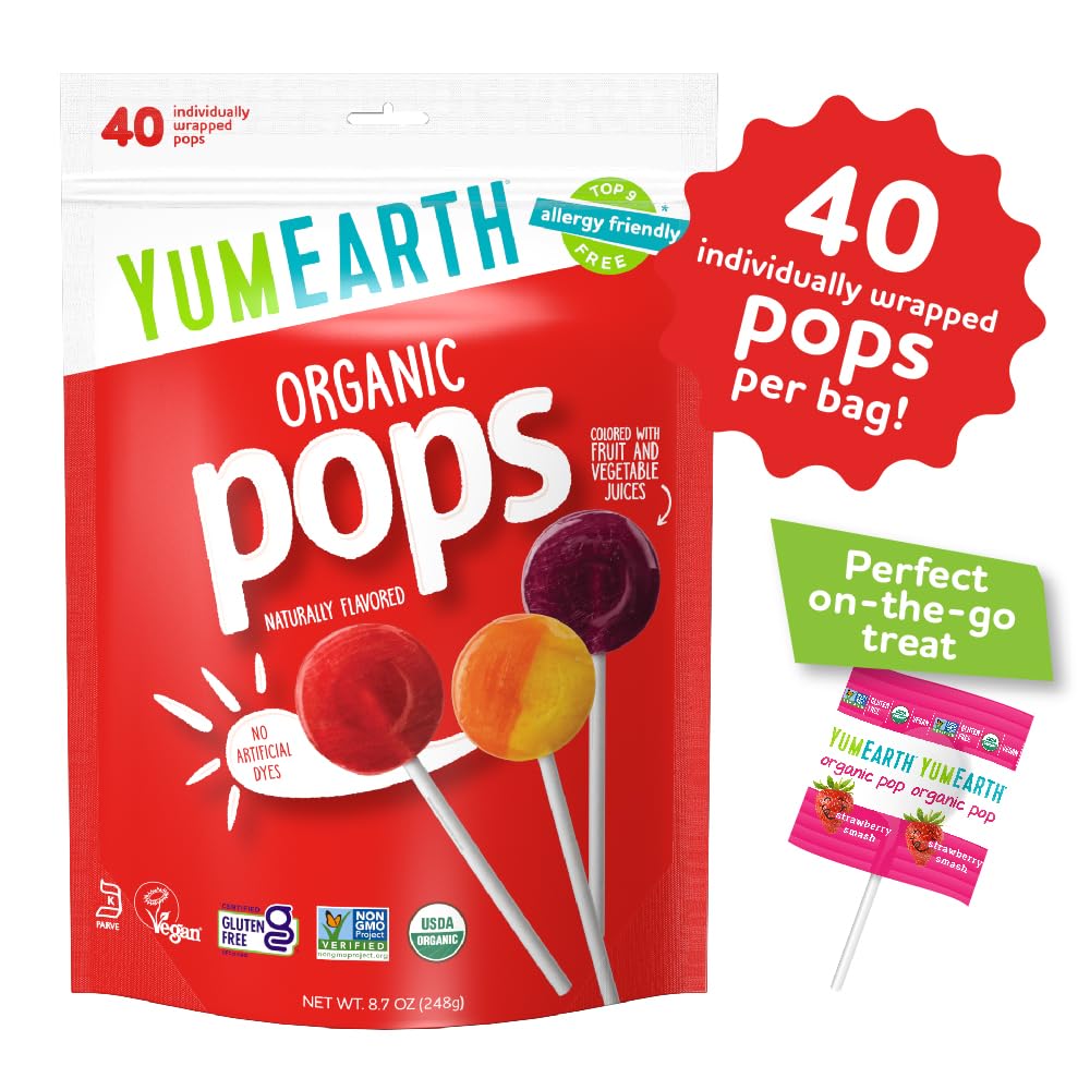 YumEarth Organic Pops Variety Pack, 40 Fruit Flavored Favorites Lollipops, Allergy Friendly, Gluten Free, Non-GMO, Vegan, No Artificial Flavors or Dyes