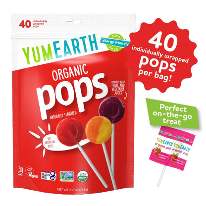 YumEarth Organic Pops Variety Pack, 40 Fruit Flavored Favorites Lollipops, Allergy Friendly, Gluten Free, Non-GMO, Vegan, No Artificial Flavors or Dyes