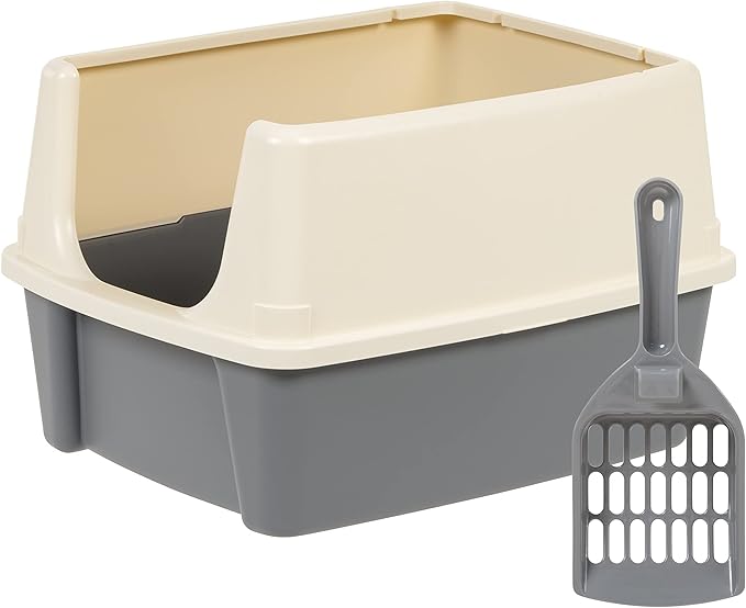 Basics Large Cat Litter Box with High Sides, Open Top, Includes Scoop, 19 x 15 x 11.75 inches, Grey/Beige