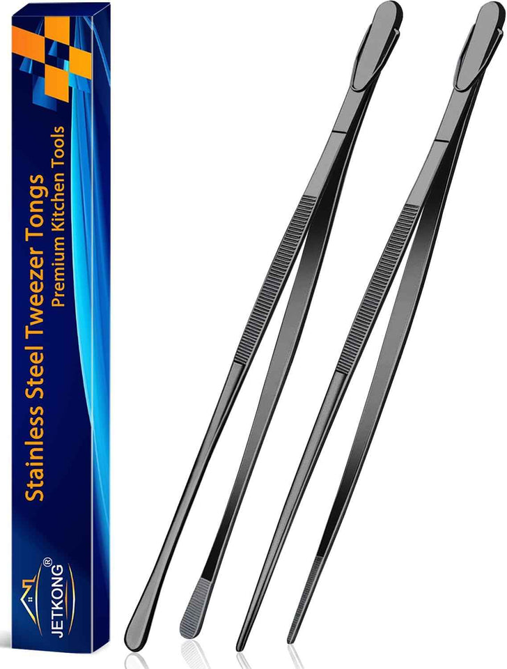 JETKONG 2 Pcs 12-Inch Kitchen Tweezers Fine Tweezer Tongs, Extra-Long Stainless Steel Cooking Tweezers (Silver)