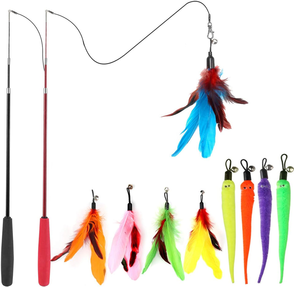 MeoHui Cat Toys for Indoor Cats, Interactive Cat Toy 2PCS Retractable Wand Toy and 9PCS Cat Feather Toys Refills, Funny Kitten Toys Cat Fishing Pole Toy for Bored Indoor Cats Chase and Exercise