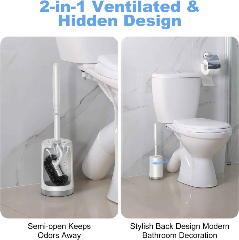White Hamitor curved toilet brush holder set for small RV bathrooms with hidden scrubber