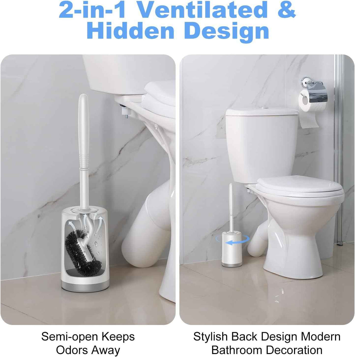 Hamitor Curved Toilet Brush Holder Set with Hidden Scrubber for Small RV Bathroom Accessories - White