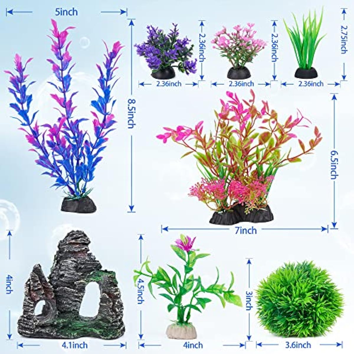 Ameliade Aquarium Artificial Plastic Plants Decorations and Rock Cave Decor Set Goldfish Betta Fish Tank Accessories Small Large Fish Bowl Ornaments