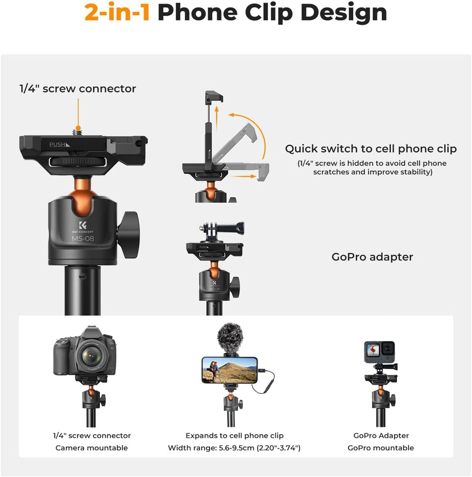 K&F CONCEPT 62'' Phone Selfie Stick Tripod, 2-in-1 Extendable Cell Phone Tripod Stand with Remote, 360° Ball Head Camera Tripod Compatible with DJI Osmo Pocket 4/3 Action 6/5Pro GoPro 13/12 iPhone.