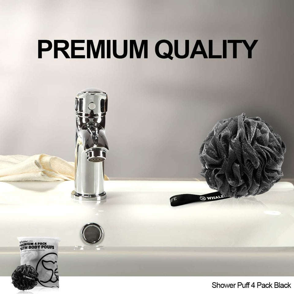 WhaleLife Shower Puff 4 Pack Black Bath Sponge Loofahs Pouf for Sensitive Skin
