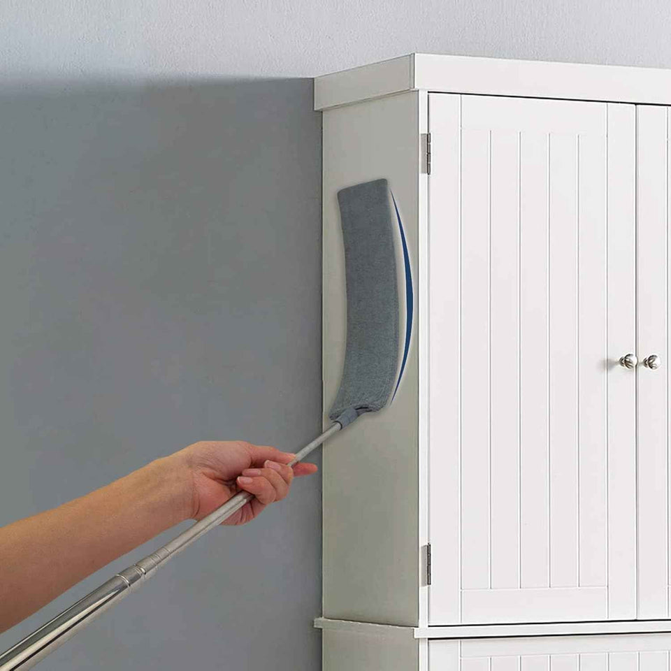 Retractable gap dust cleaner with extension pole and 3 microfiber cloths for under refrigerator, furniture, and appliance cleaning