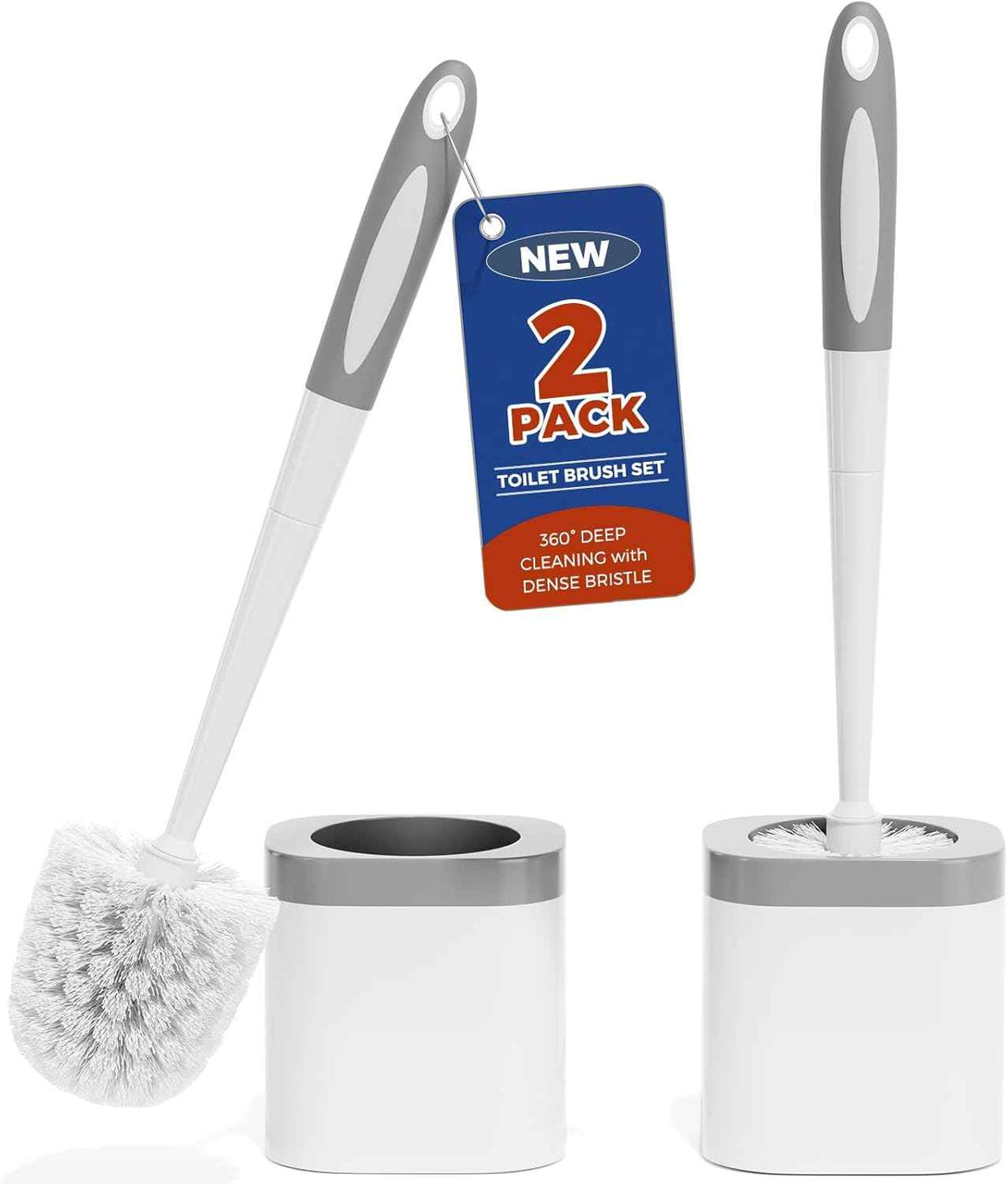 2-pack white durable toilet brush set with holder, nylon bristles for toilet bowl cleaning