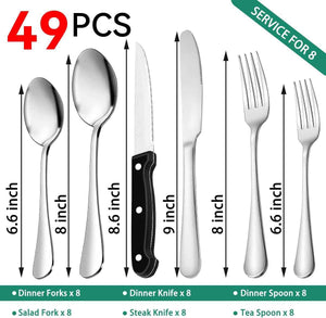 Premium 49-Piece Stainless Steel Silverware Set with Organizer for 8, Includes Steak Knives and Kitchen Utensils