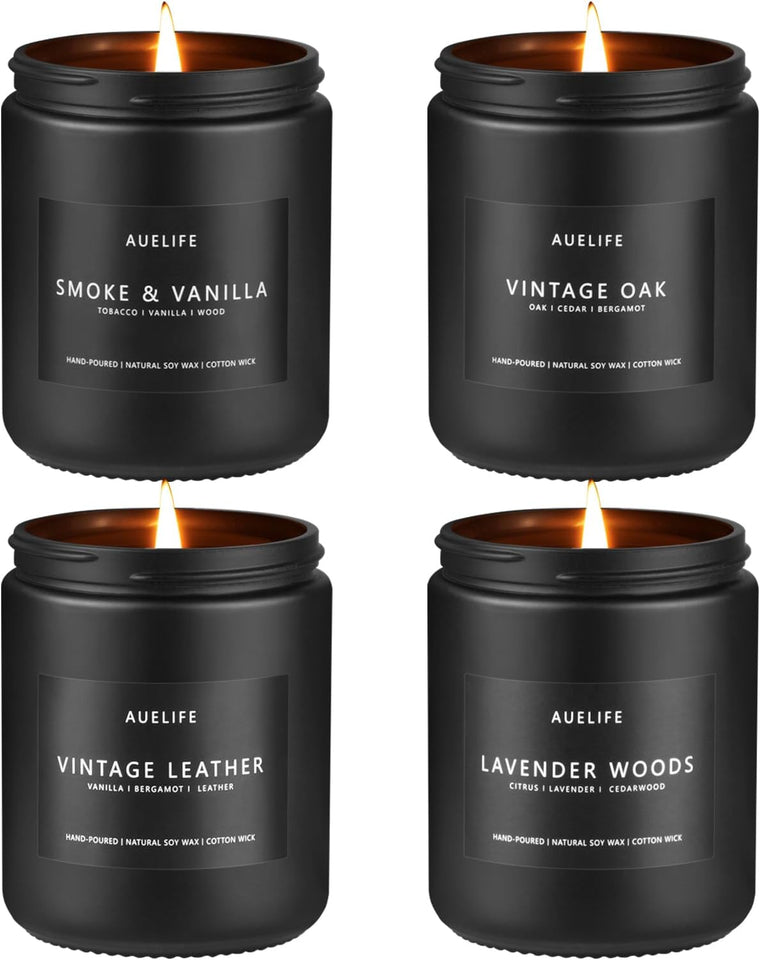 Scented Candles Set | Men Candle Set, Scented Candles for Home, Gifts for Men Aromatherapy Gift Set - 4 Pack Manly Gifts for Dad Fathers Day, Soy Candle of Leather/Smoke & Vanilla/Oak/Lavender