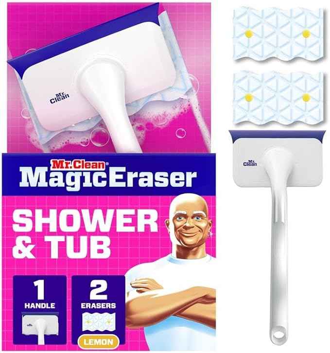 Mr. Clean Magic Eraser Shower, Tub Scrubber, Bathroom Cleaner, Lemon, Starter Kit, All in One