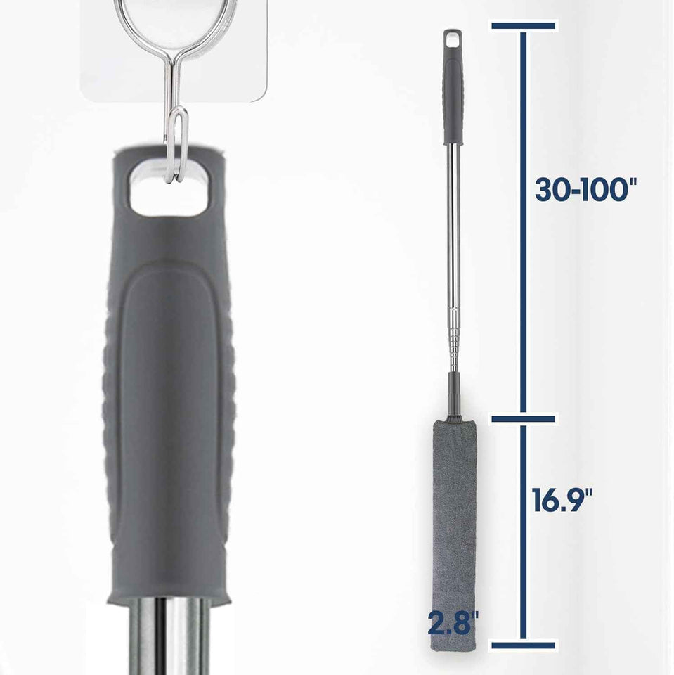 Retractable gap dust cleaner with 60-inch extension pole and 3 microfiber cloths for easy cleaning under appliances and furniture