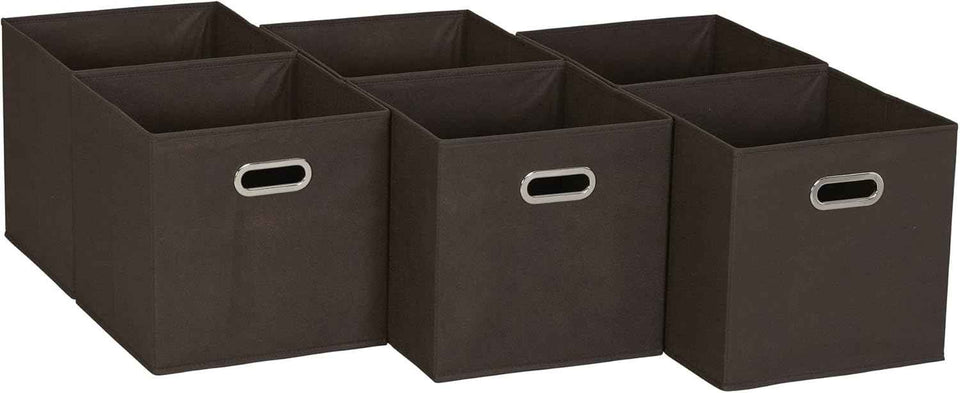 Household Essentials Foldable Fabric Storage Bins 6 Piece Set, Strong Poly-Woven Fabric, Sturdy Chipboard Sides, Grommet Front Handle, Stackable and Foldable, Classic Design, Black