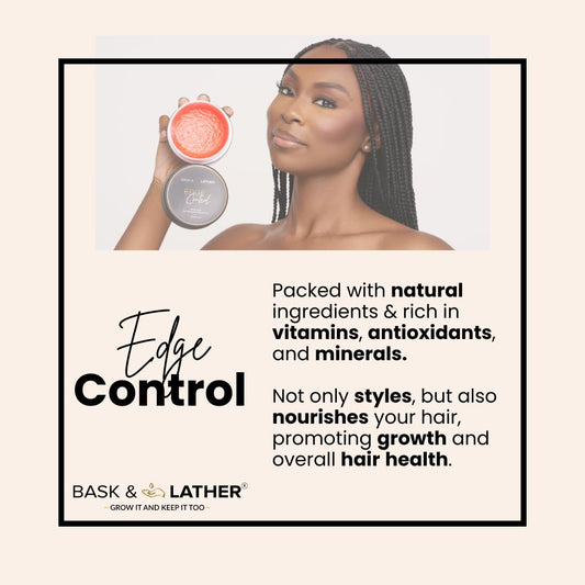 BASK & LATHER Strong Hold Edge Control Gel with Castor Oil, Non-Greasy, Non-Flaking, No White Cast, Long Lasting, Supports Hair Growth, Natural Formula, For All Hair Types, 5.3 Fl Oz