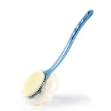 Shower body brush with bristles and loofah for skin exfoliating bath, curved long handle for back and feet, suitable for wet or dry use, men and women, blue