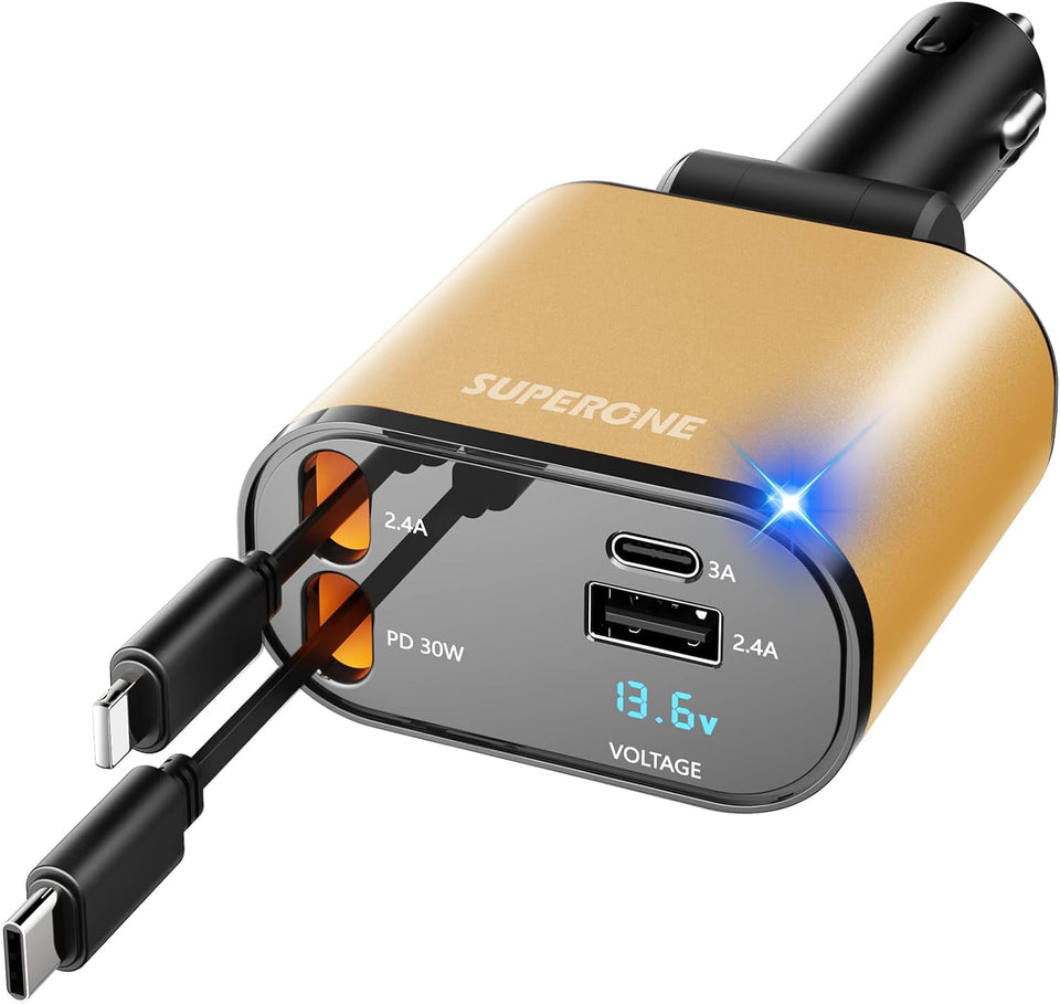‹ېUpgraded‹ÛÔ SUPERONE Retractable Car Charger 4 in 1, Fast Car Phone Charger with Cord 2.6ft, USB C and Apple Car Adapter, Compatible with iPhone 17 16 15/15 Pro Max/14/13/12/11, Galaxy, Pixel - Zynora