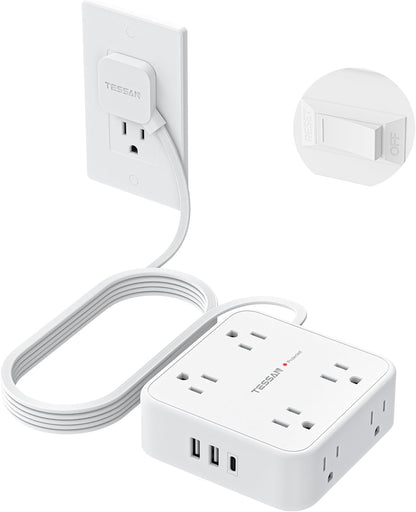 TESSAN 5 Ft flat plug extension cord with 3 USB, 8 outlets, 900J surge protection for office, dorm room essentials