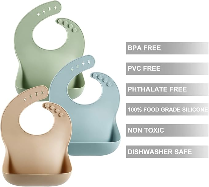 PandaEar Set of 3 Silicone Baby Bibs Waterproof, Soft, Unisex, 10-72 Months
