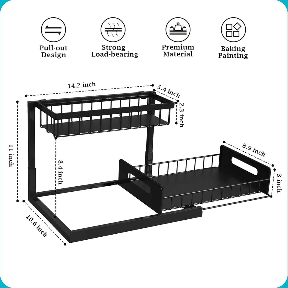 REALINN Under Sink Organizer, Pull Out Cabinet Storage 2 Tier Slide Out Sink Shelf, Kitchen Organizers and Storage, Black, 1 Pack