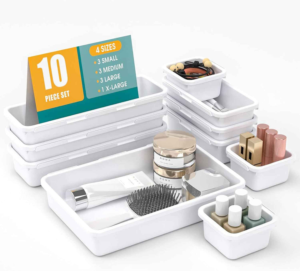 10 PCS Drawer Organizer Set, 4 Size Makeup Drawer Divider Organizer With Non-Slip Pads, Interlocking Plastic Storage Bins for Office,Jewelry Vanity,Gadgets, Bathroom,Kitchen, Black