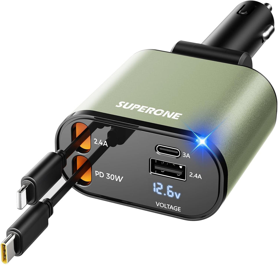 ‹ېUpgraded‹ÛÔ SUPERONE Retractable Car Charger 4 in 1, Fast Car Phone Charger with Cord 2.6ft, USB C and Apple Car Adapter, Compatible with iPhone 17 16 15/15 Pro Max/14/13/12/11, Galaxy, Pixel - Zynora