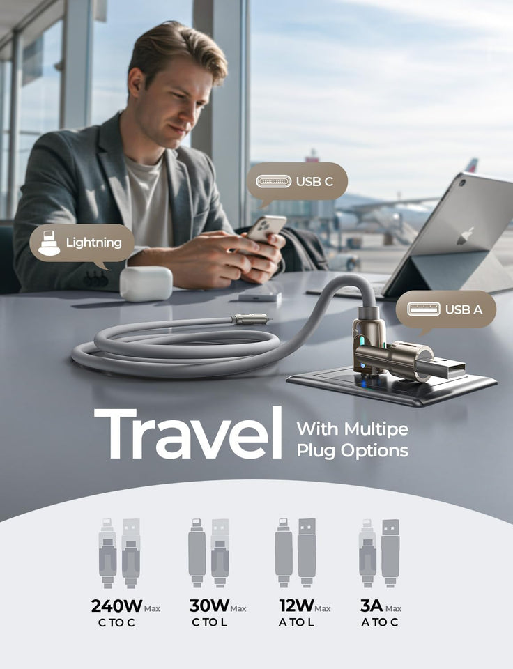 LISEN USB C to Lightning Cable, 240W 4 in 1 Charging Cable 6.6FT, Chubby USB A/C to C/Lightning with Light for iPhone Air 17 16 15 14 Pro/MacBook/iPad/Samsung/Switch 2, Multi Chargers for All Devices