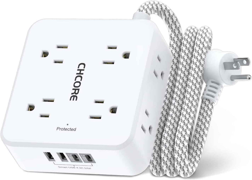 CHCORE 5Ft braided extension cord surge protector with 8 outlets and 4 usb charging ports, 2 usb c, flat plug, white